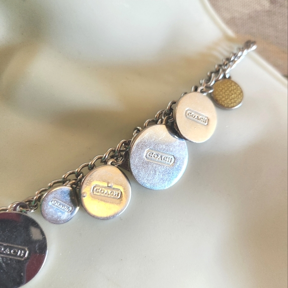 COACH Rare HTF Chunky Silver Metal Logo Yellow GOLD Charm CC Toggle Necklace - Picture 5 of 12